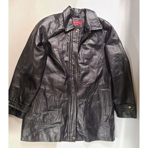 Vintage Anne Klein L Black Leather Mid-Length Coat Jacket Oversized Fit